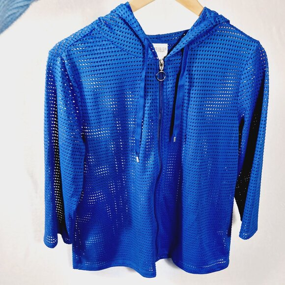 Chico's, Weekends by Chico's, S, cobalt Blue Mesh, Zip, Hooded 3/4 Sleeve Jacket - Picture 3 of 16